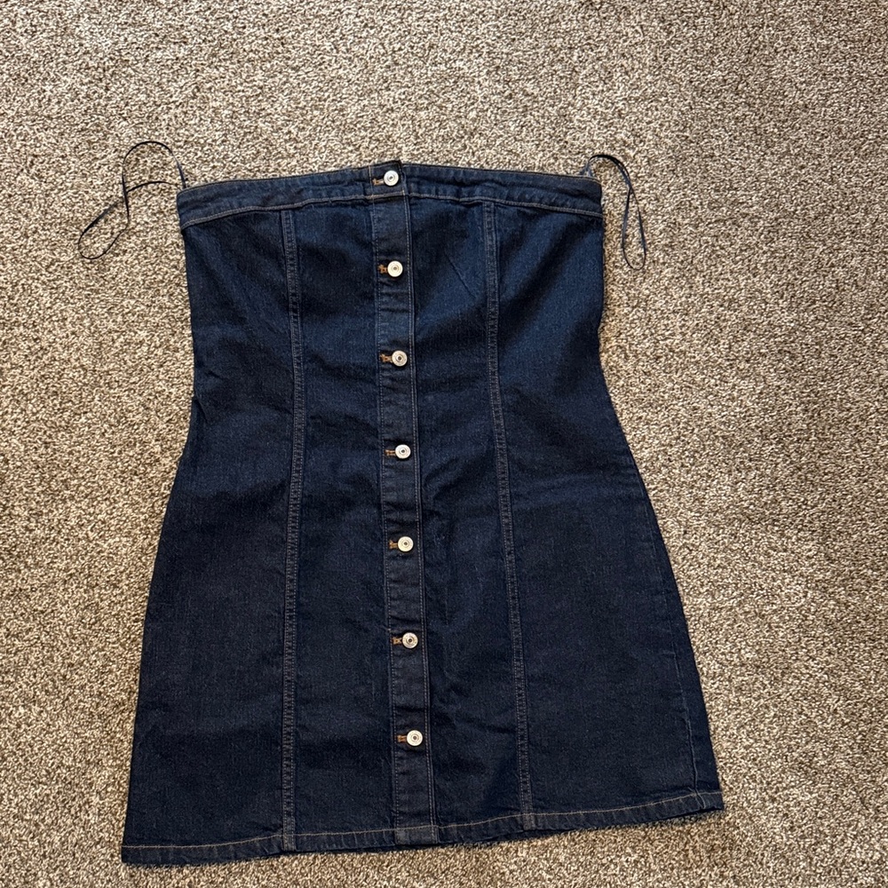 Abercrombie & Fitch Dark Blue Strapless Button-Front Denim Mini Dress